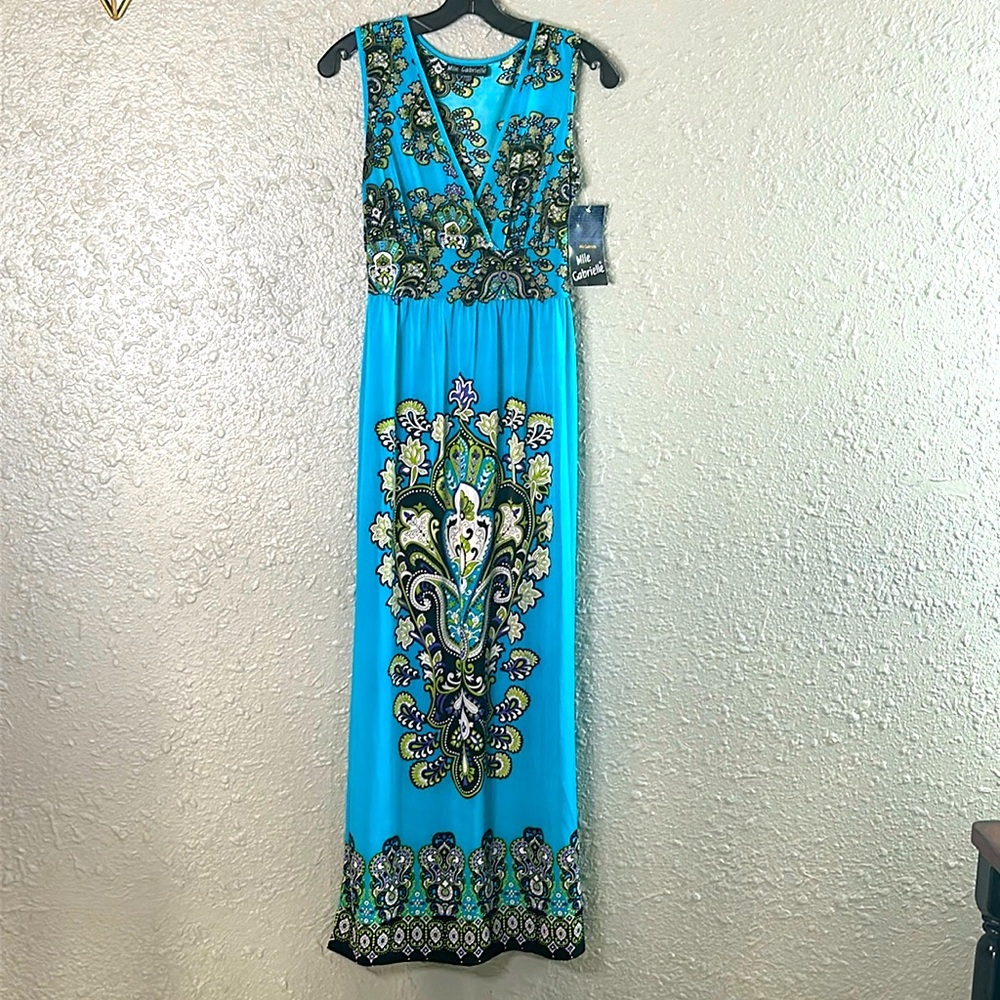 Maxi Dress Small Long Blue & Green BOHO FLORAL PAISLEY DAMASK Mlle Gabrielle